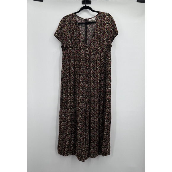 Natural Life Jumpsuit Womens L/XL Black Floral Boho Wide Leg Short Sleeve V Neck - Picture 1 of 10